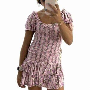 LoveShackFancy Pink Crepe Scoop Neck Short Sleeves Mini Dress Size XS